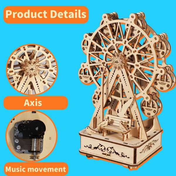 3D Wooden Puzzle Music Box Ferris Wheel – DIY Craft Model Kit, Handmade Birthday Gift for Women - Image 2