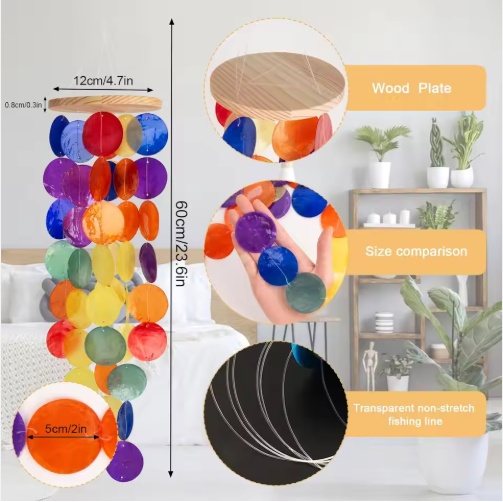 Handcrafted Rainbow Capiz Shell Wind Chimes – Coastal Style Decor for Indoor/Outdoor Garden, Vibrant & Relaxing Sound - Image 3